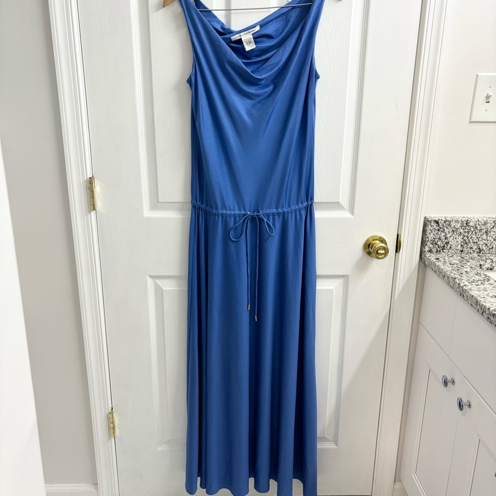 Diane von Furstenberg Silk Maxi Dress Size 6 Waist Tie Drape Neck Blue